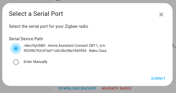 Screenshot showing the Select a serial port dialog