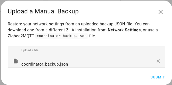 Submit the backup json file