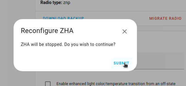 Screenshot showing the Reconfigure ZHA dialog