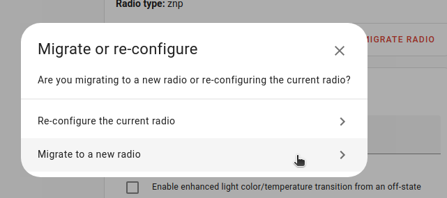 Screenshot showing the Migrate or reconfigure dialog