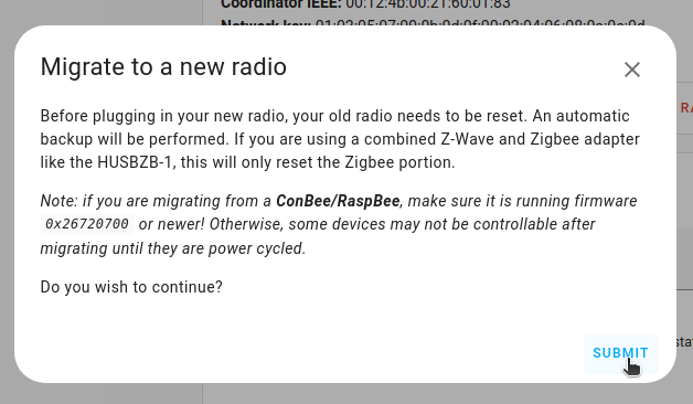 Screenshot showing the Migrate to a new radio dialog
