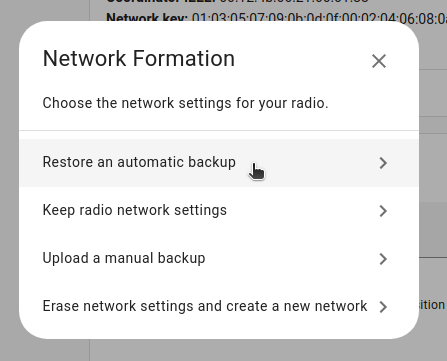 Screenshot showing the Network formation dialog