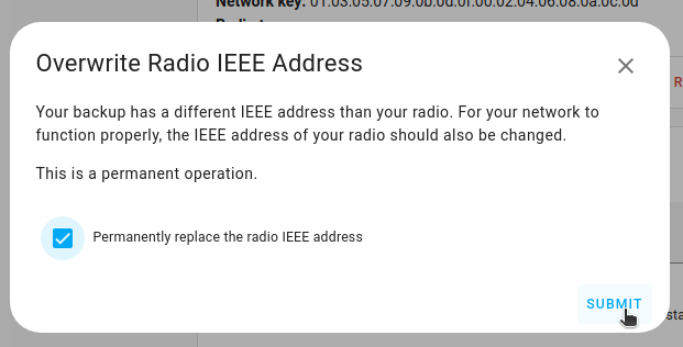 Screenshot showing the Overwriting the radio IEEE address dialog