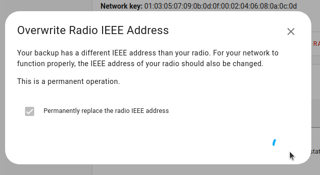 Screenshot showing the Overwriting the radio IEEE address dialog with waiting animation