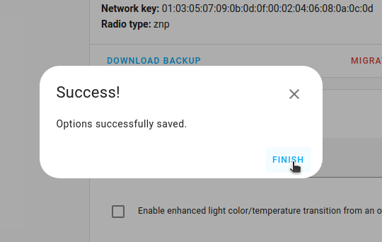 Screenshot showing the Success dialog