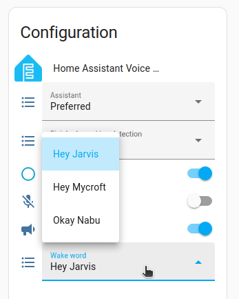 Screenshot showing the wake word selector
