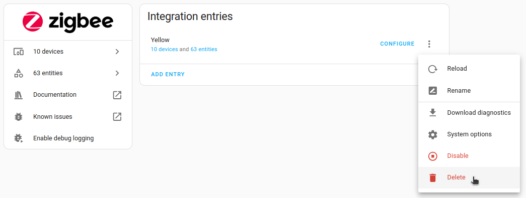 Zigbee Home Automation integration page with delete button